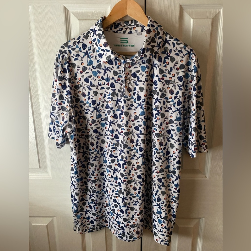 THREE SIXTY SIX Tropical Botanical Print Performance Short Sleeve Golf Polo L